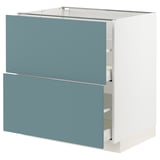 Modern white kitchen cabinet with two blue drawers, sleek and smooth design.