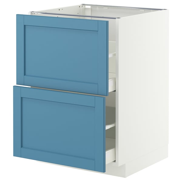 A white and blue kitchen cabinet. It has two blue drawers with white interiors and metal runners. The cabinet base is white.