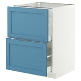 A white and blue kitchen cabinet. It has two blue drawers with white interiors and metal runners. The cabinet base is white.