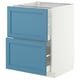 A white and blue kitchen cabinet. It has two blue drawers with white interiors and metal runners. The cabinet base is white.