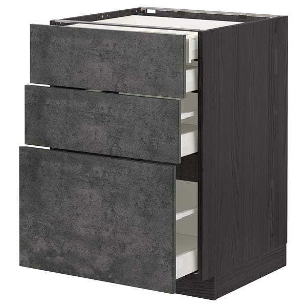 Ikea METOD dark grey concrete drawers, modern kitchen storage cabinet.