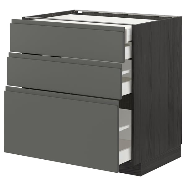 METOD kitchen unit, dark grey, three drawers, sleek design, wood texture.