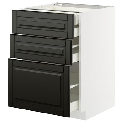 Modern black kitchen cabinet with three drawers, sleek design, sturdy frame.
