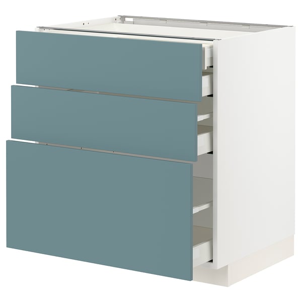 Turquoise METOD kitchen unit with three drawers, sleek modern design.