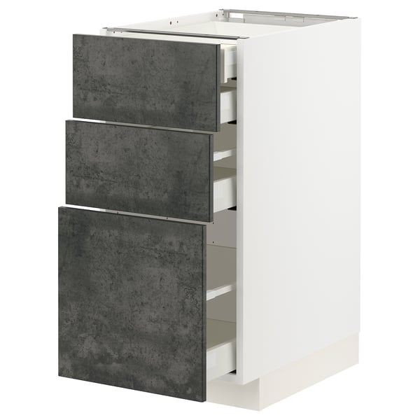 Modern white cabinet with 3 dark grey concrete drawers, sleek design.