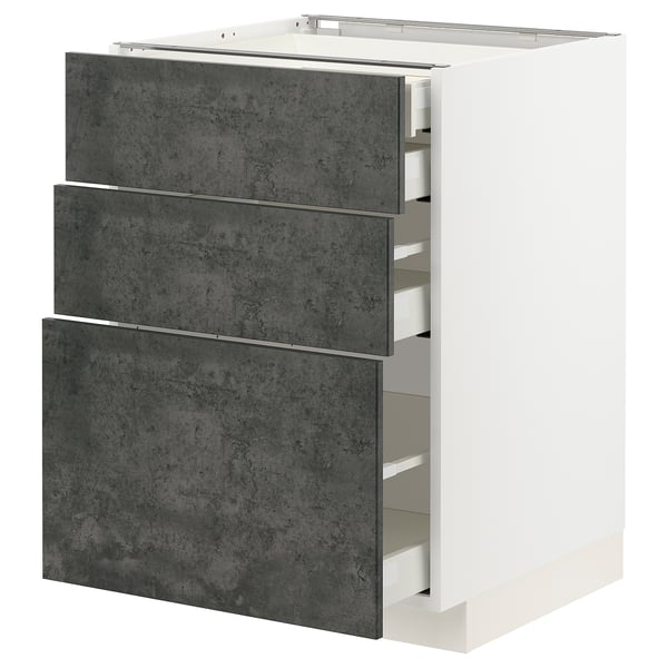 METOD kitchen unit in dark grey concrete with white edges, three drawers.
