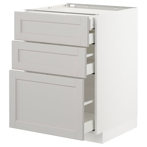 An IKEA METOD kitchen cabinet in light grey with three drawers and two doors, featuring a classic design with bevelled edges and a sturdy frame.