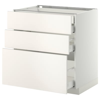 METOD kitchen unit in white with three drawers. Modern, minimal design featuring smooth-gliding drawers.