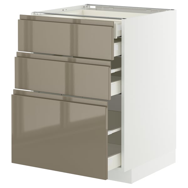 Modern kitchen cabinet, sleek metallic grey-brown, three drawers, smooth handles.