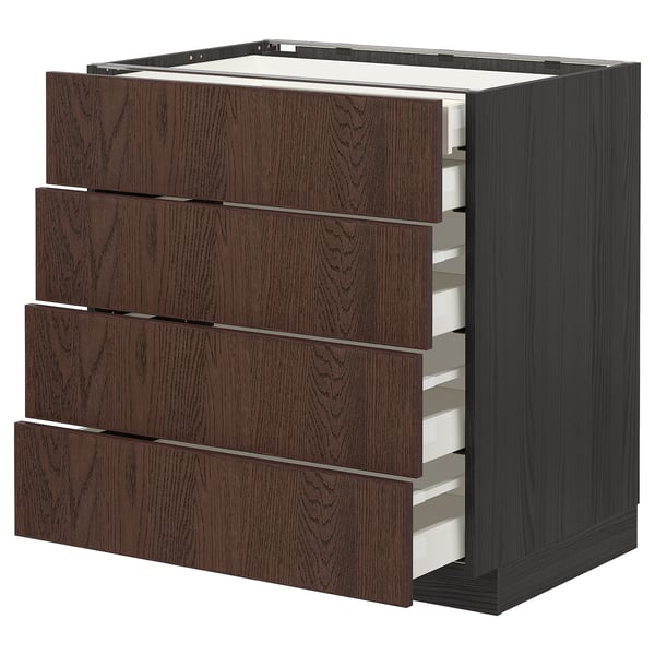 Dark brown METOD kitchen unit with four wooden drawers and sleek, modern design.