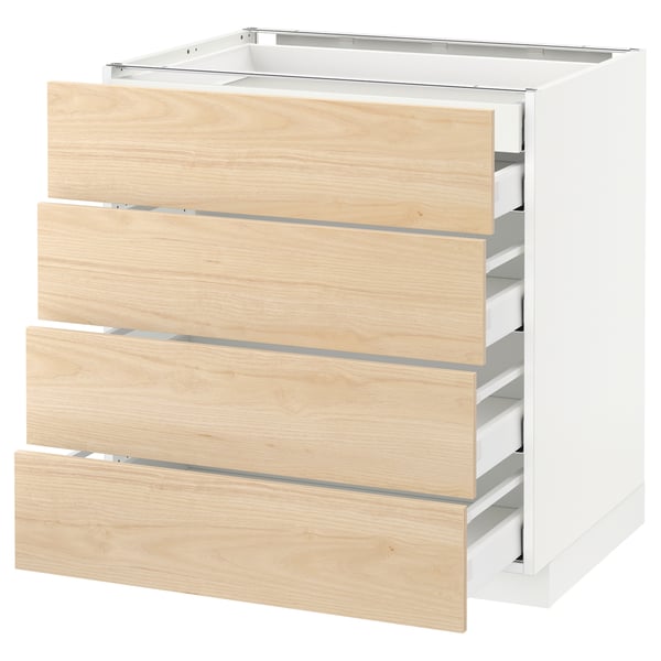 A white and light ash-colored kitchen cabinet with four drawers.