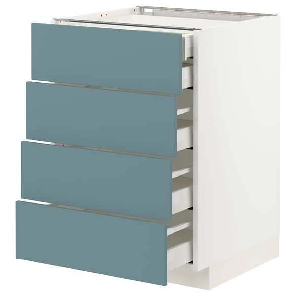 Turquoise METOD kitchen unit with 4 blue drawers, sleek, modern, and white base.