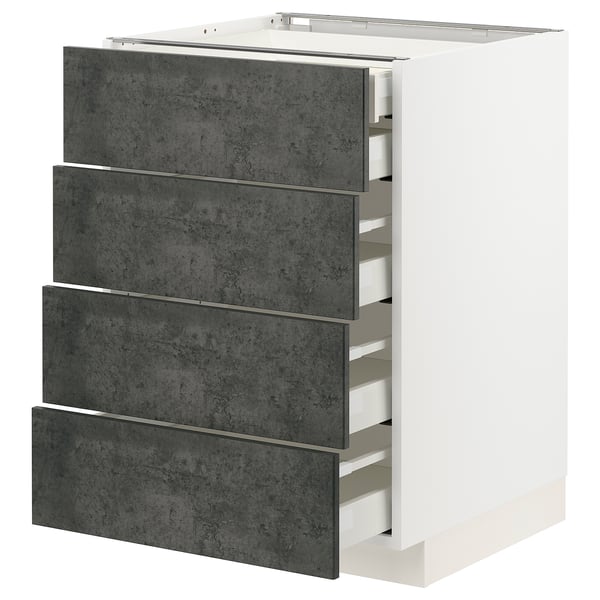 METOD kitchen unit in dark grey with four drawers, white frame, concrete effect finish.