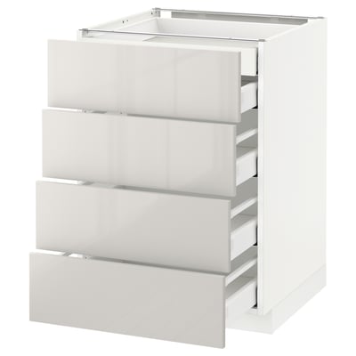 Depicts a white, modern kitchen storage unit by ikea, featuring four fully extendable drawers in a sleek, high-gloss finish.
