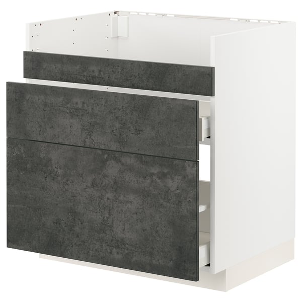 Modern kitchen cabinet, dark grey, concrete effect, white frame, rectangular, sleek design.