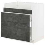 Modern kitchen cabinet, dark grey, concrete effect, white frame, rectangular, sleek design.