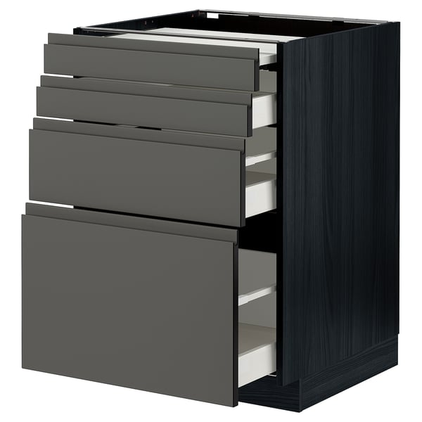 Modern dark grey METOD cabinet with multiple drawers, sleek handles, and portable worktop. Made of recycled plastic and wood.