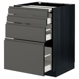 Modern dark grey METOD cabinet with multiple drawers, sleek handles, and portable worktop. Made of recycled plastic and wood.