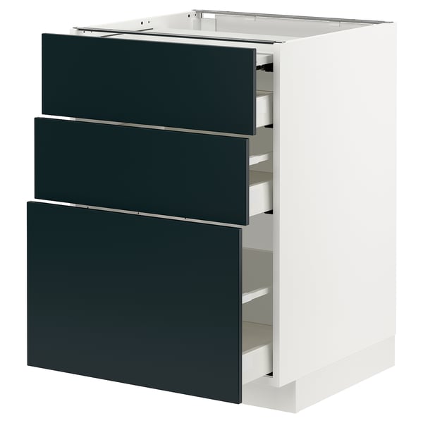 Modern kitchen cabinet: METOD with grey havstorp drawers, sleek design, white base, three large drawers, self-closing mechanism.