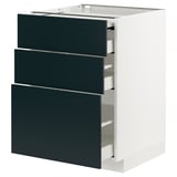 Modern kitchen cabinet: METOD with grey havstorp drawers, sleek design, white base, three large drawers, self-closing mechanism.