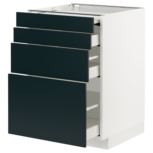 Modern kitchen unit with four dark turquoise drawers and white cabinet.