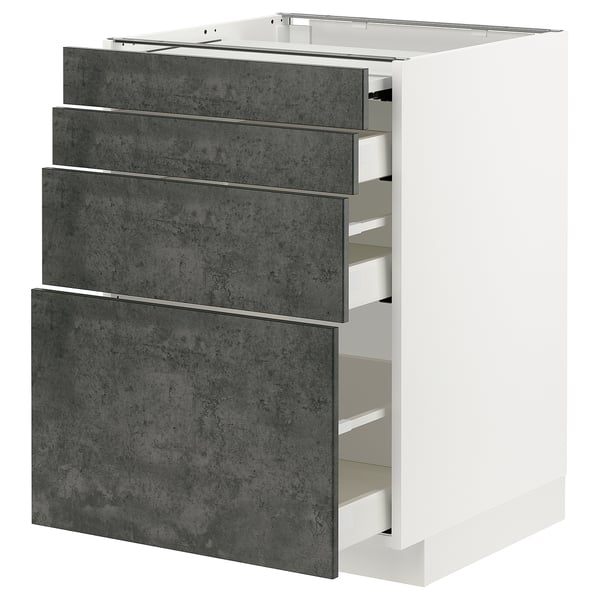 Modern kitchen unit with 4 grey drawers and white cabinet.