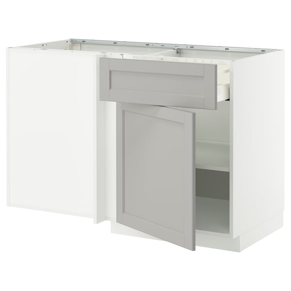 White METOD kitchen unit with light grey lerhyttan drawers and cabinet, beveled edges.