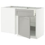 White METOD kitchen unit with light grey lerhyttan drawers and cabinet, beveled edges.