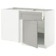 White METOD kitchen unit with light grey lerhyttan drawers and cabinet, beveled edges.