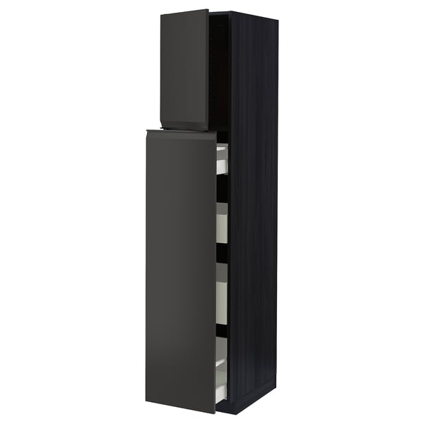 Image shows a black METOD kitchen cabinet with open door revealing shelves.