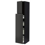 Image shows a black METOD kitchen cabinet with open door revealing shelves.