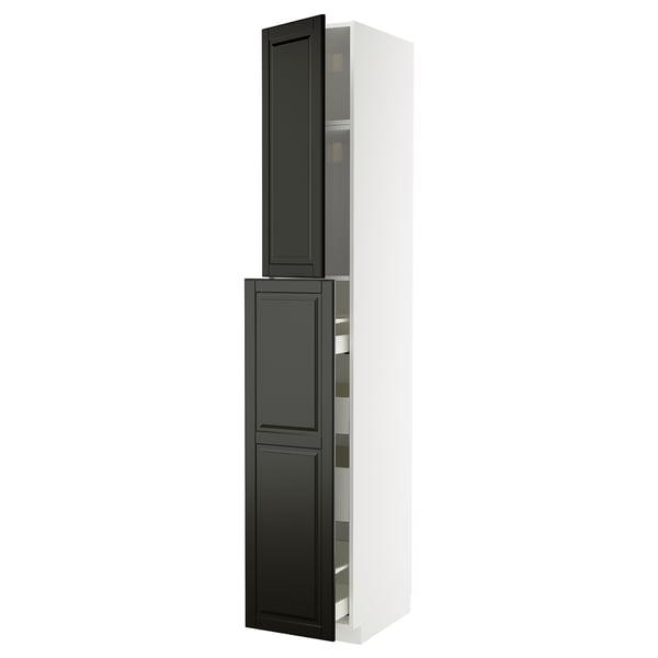 Modern kitchen cabinet, white with black doors, beveled edges, inner shelves.