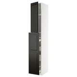 Modern kitchen cabinet, white with black doors, beveled edges, inner shelves.