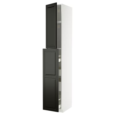 Modern kitchen cabinet, white with black doors, beveled edges, inner shelves.