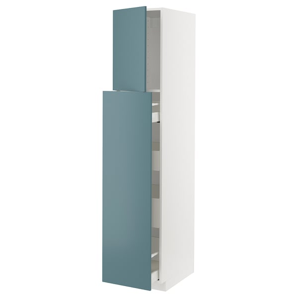 A turquoise METOD kitchen cabinet with a white frame and multiple shelves inside. The cabinet is tall and rectangular with a modern design.