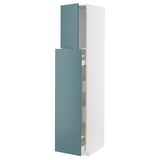 A turquoise METOD kitchen cabinet with a white frame and multiple shelves inside. The cabinet is tall and rectangular with a modern design.