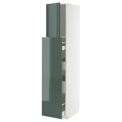 Modern high gloss kitchen cabinet, tall in grey-green, white frame, sleek design with multiple drawers.