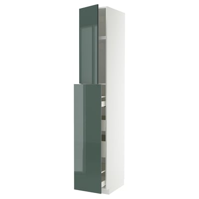 A modern, high gloss grey-green METOD kitchen cabinet. Its tall with a sleek, rectangular design and smooth-running drawers.