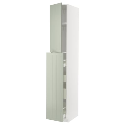METOD kitchen cabinet with green doors, multiple shelves, and open/closed storage.