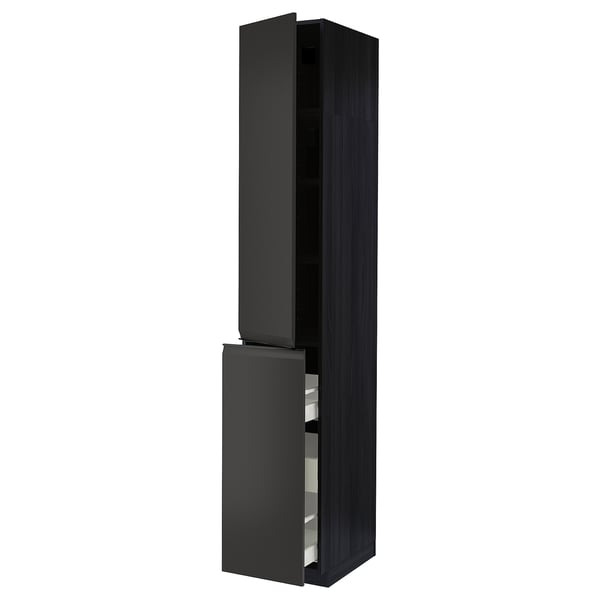 Modern black kitchen cabinet with single door and pull-out drawer.
