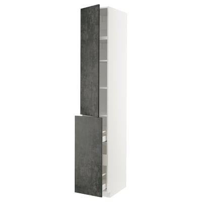 White cabinet with grey doors, multiple shelves and drawers, modern style.
