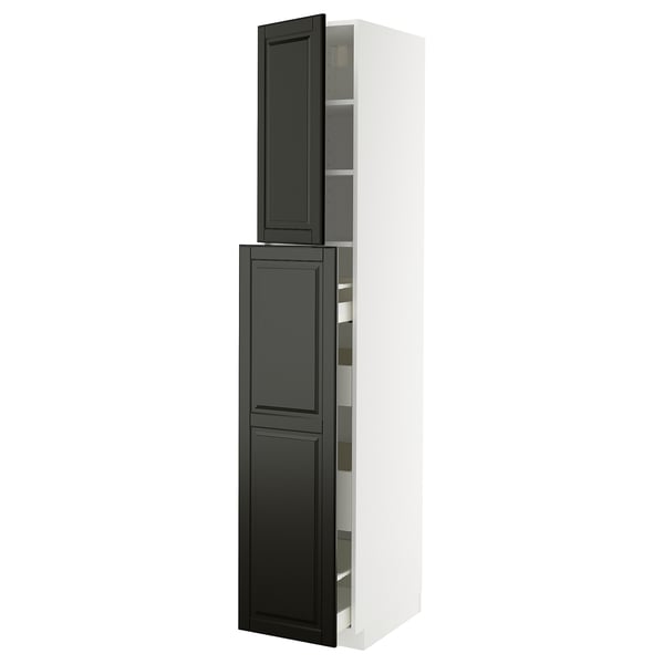 A tall, white METOD kitchen cabinet with black bodbyn doors and beveled edges. It has two open sections revealing shelves.