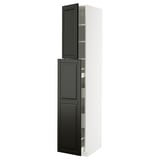 A tall, white METOD kitchen cabinet with black bodbyn doors and beveled edges. It has two open sections revealing shelves.