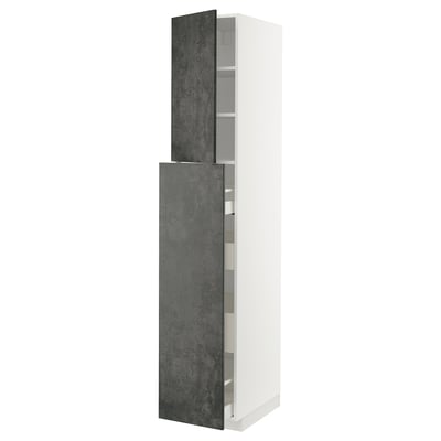 Modern tall grey cabinets, sleek industrial design with metallic accents.