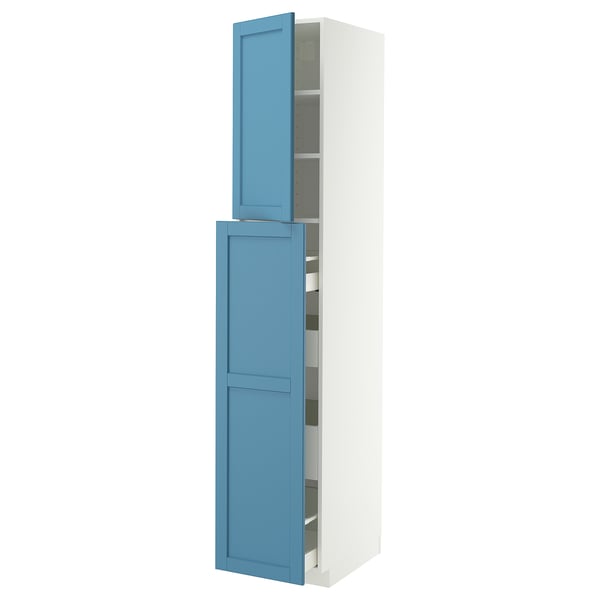 A blue METOD cabinet. Its a tall, narrow unit with two doors and multiple shelves. The cabinet is white with blue doors.
