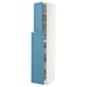 A blue METOD cabinet. Its a tall, narrow unit with two doors and multiple shelves. The cabinet is white with blue doors.