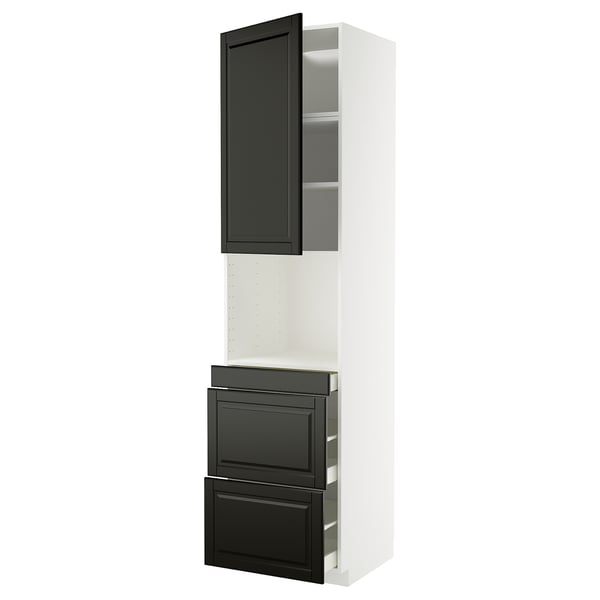 Modern black and white kitchen unit with tall black drawers and cabinet. Beveled edges, sleek design.
