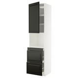 Modern black and white kitchen unit with tall black drawers and cabinet. Beveled edges, sleek design.