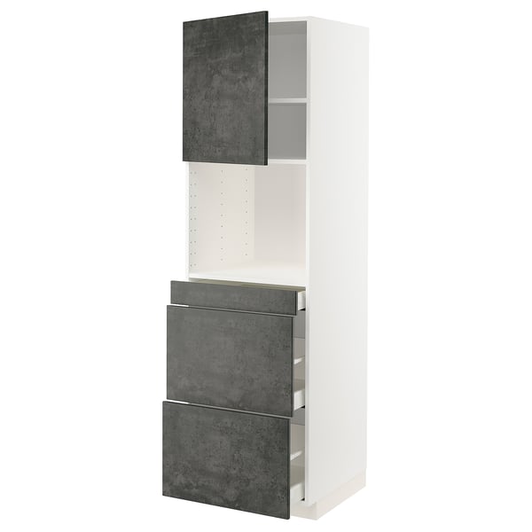 White cabinet with dark grey drawers and door, sleek, modern design.