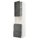 Modern ikea METOD kitchen cabinet in white with dark gray fronts, tall cabinet with door and shelves, lower section with large drawers.
